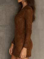 Vestido Mini de Camurça com Renda Caramelo Vintage e Fecho Frontal