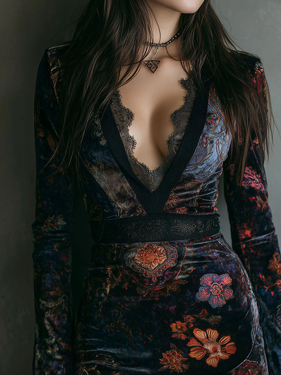 Vestido Mini Slim-fit de Veludo com Estampado Floral e Decote em V