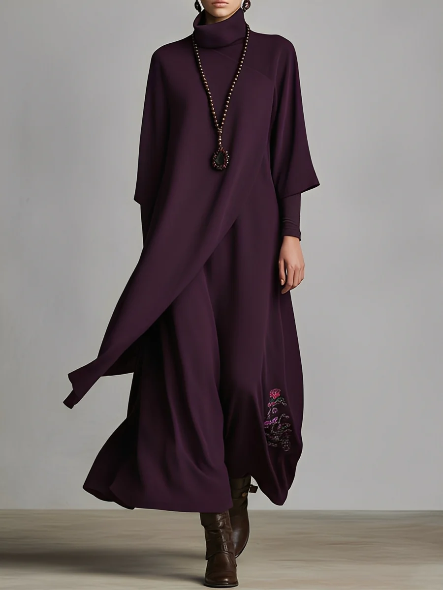 Vestido Maxi Plissado Assimétrico Bordado de Gola Alta Roxo Escuro