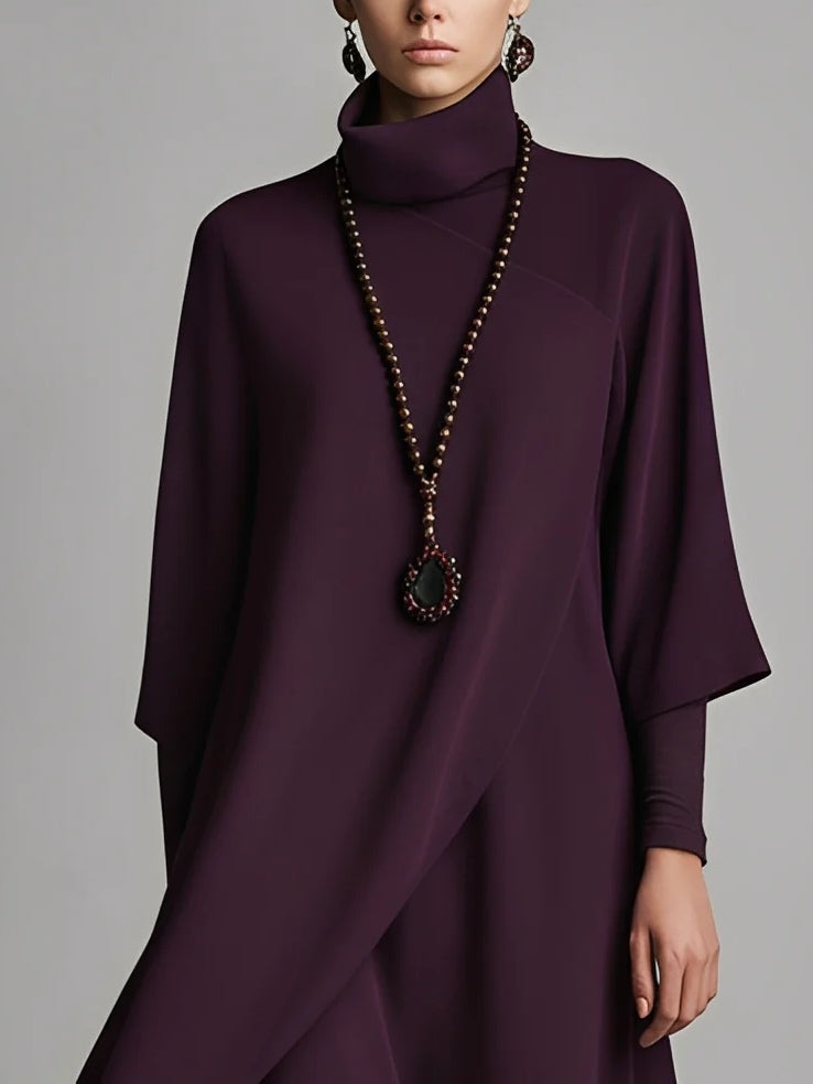 Vestido Maxi Plissado Assimétrico Bordado de Gola Alta Roxo Escuro