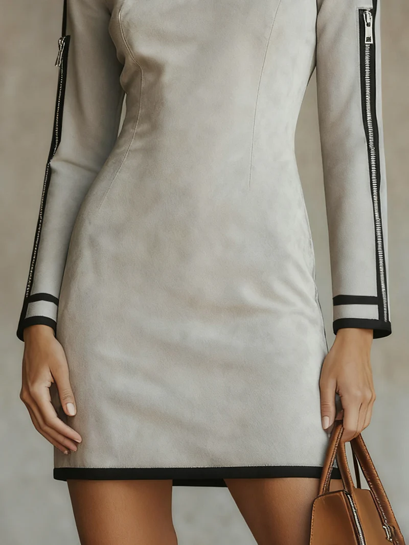 Vestido Mini de Suede Sintético Cinza Claro com Gola Alta e Zíper