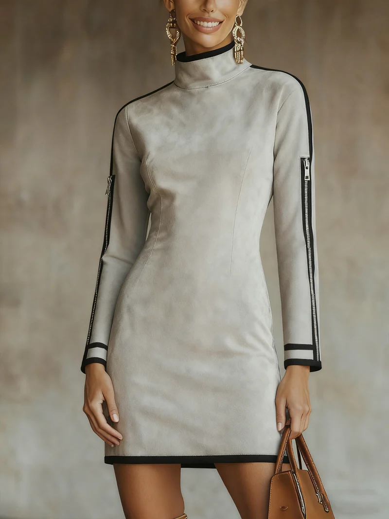Vestido Mini de Suede Sintético Cinza Claro com Gola Alta e Zíper