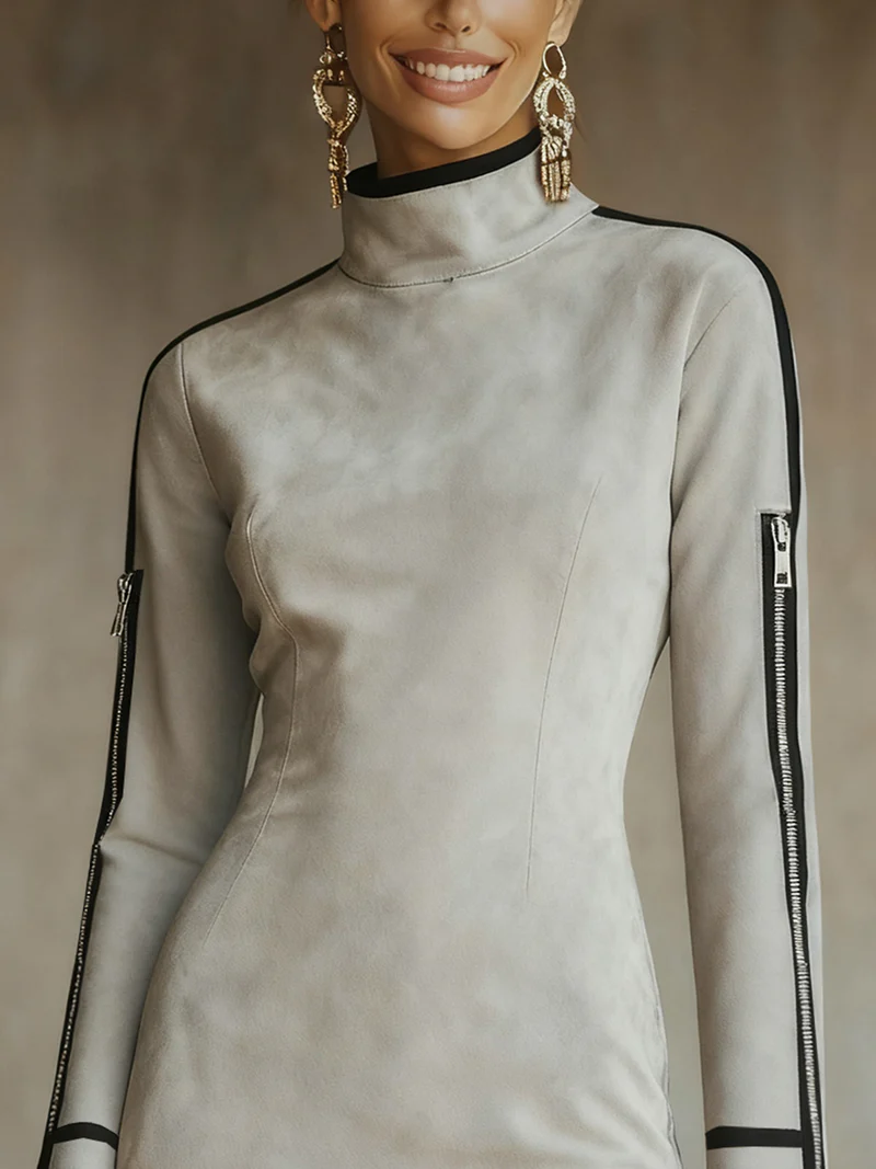 Vestido Mini de Suede Sintético Cinza Claro com Gola Alta e Zíper