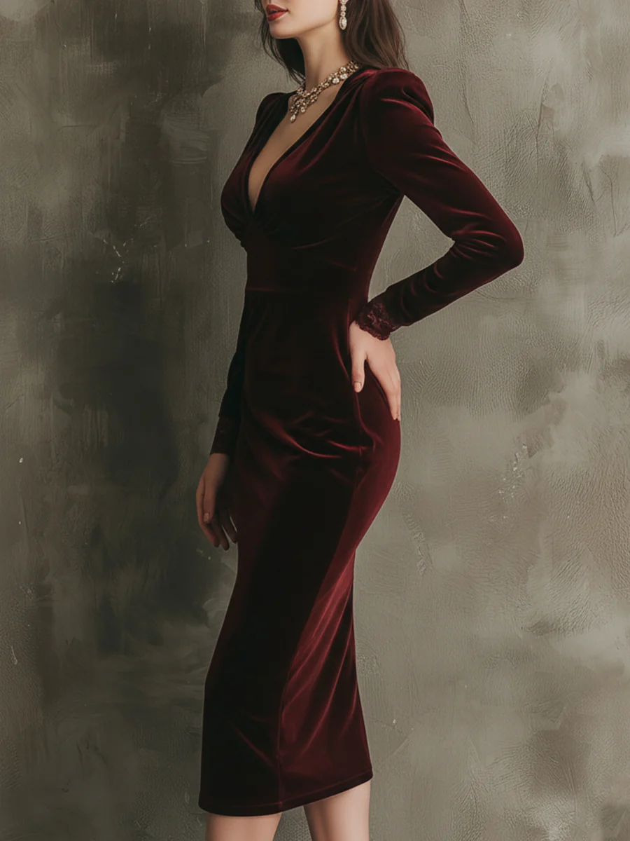 Vestido Midi de Veludo com Renda, Silenciosamente Luxuoso e Elegante