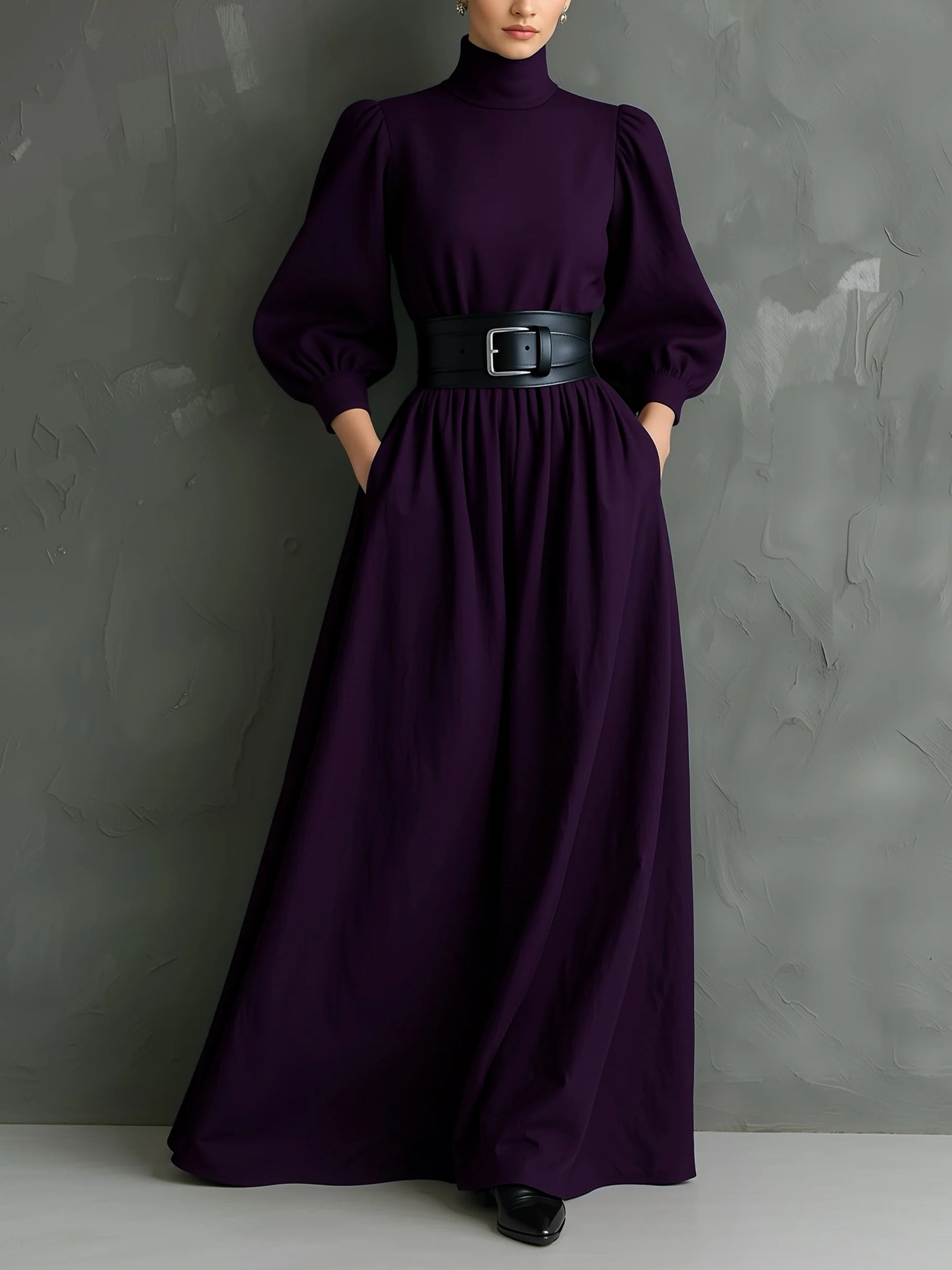 Vestido Maxi Justo de Gola Alta em Roxo Escuro Elegante com Mangas Longas (com cinto)