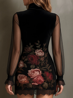 Vestido Mini em Tule com Estampa de Rosa de Veludo e Renda