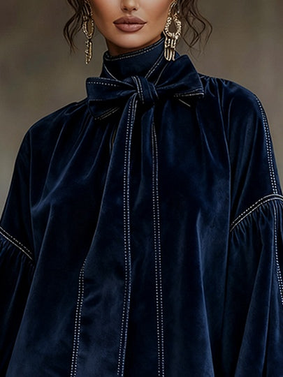 Vestido Mini de Veludo Azul Escuro com Mangas Lanternas