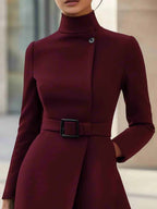 Vestido Midi A-line de Gola Alta e Cinto Elegante (com cinto)