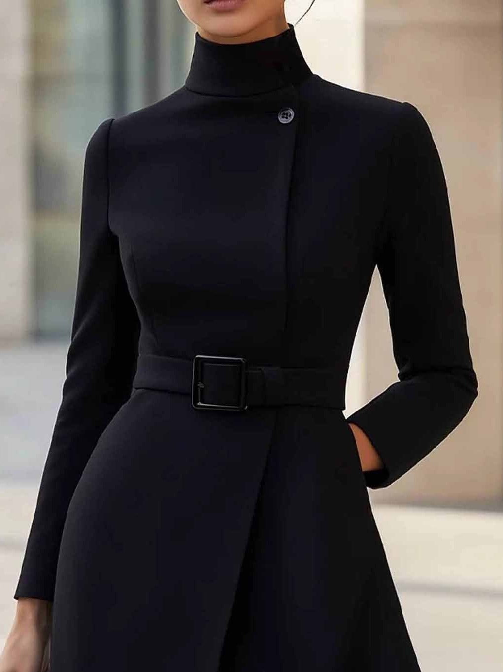 Vestido Midi A-line de Gola Alta e Cinto Elegante (com cinto)