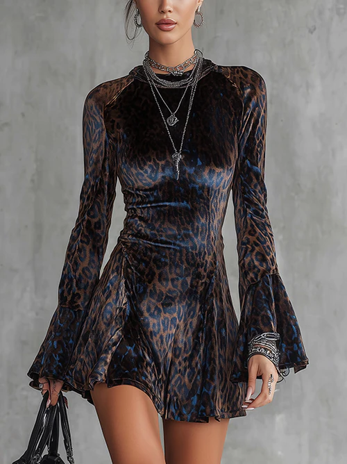 Vestido Mini de Veludo com Estampa de Leopardo Azul