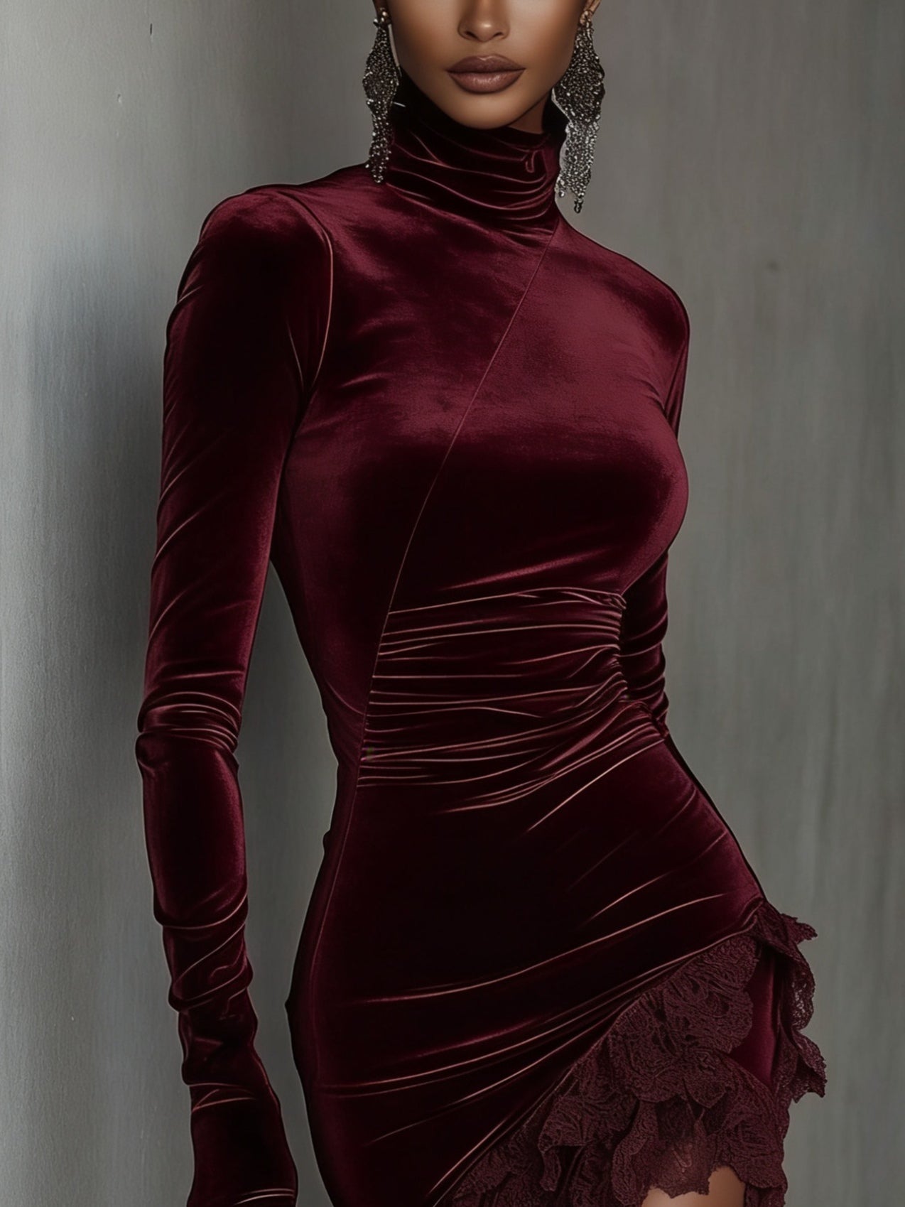 Vestido Mini Justo de Veludo Borgonha com Gola Alta e Barra em Renda