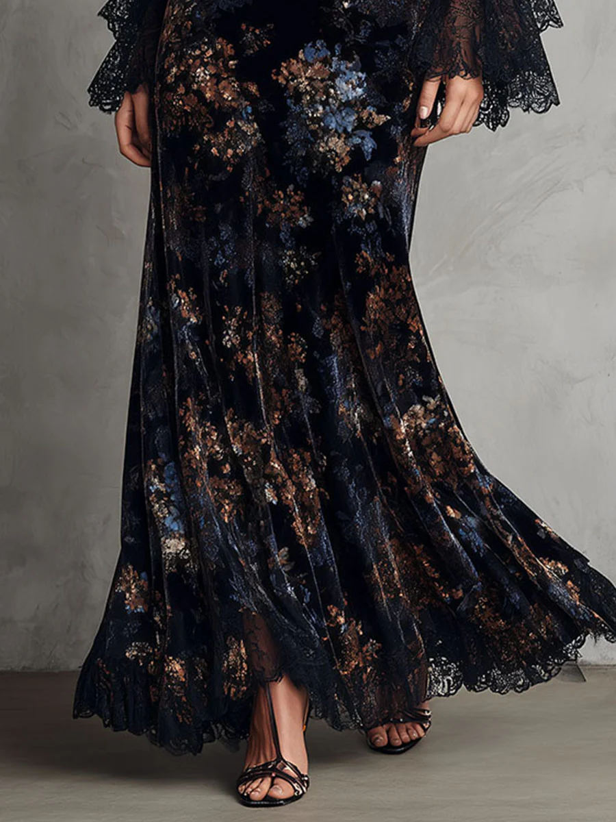 Vestido Maxi Fluido de Veludo Floral Preto e Azul com Mangas Sino em Renda