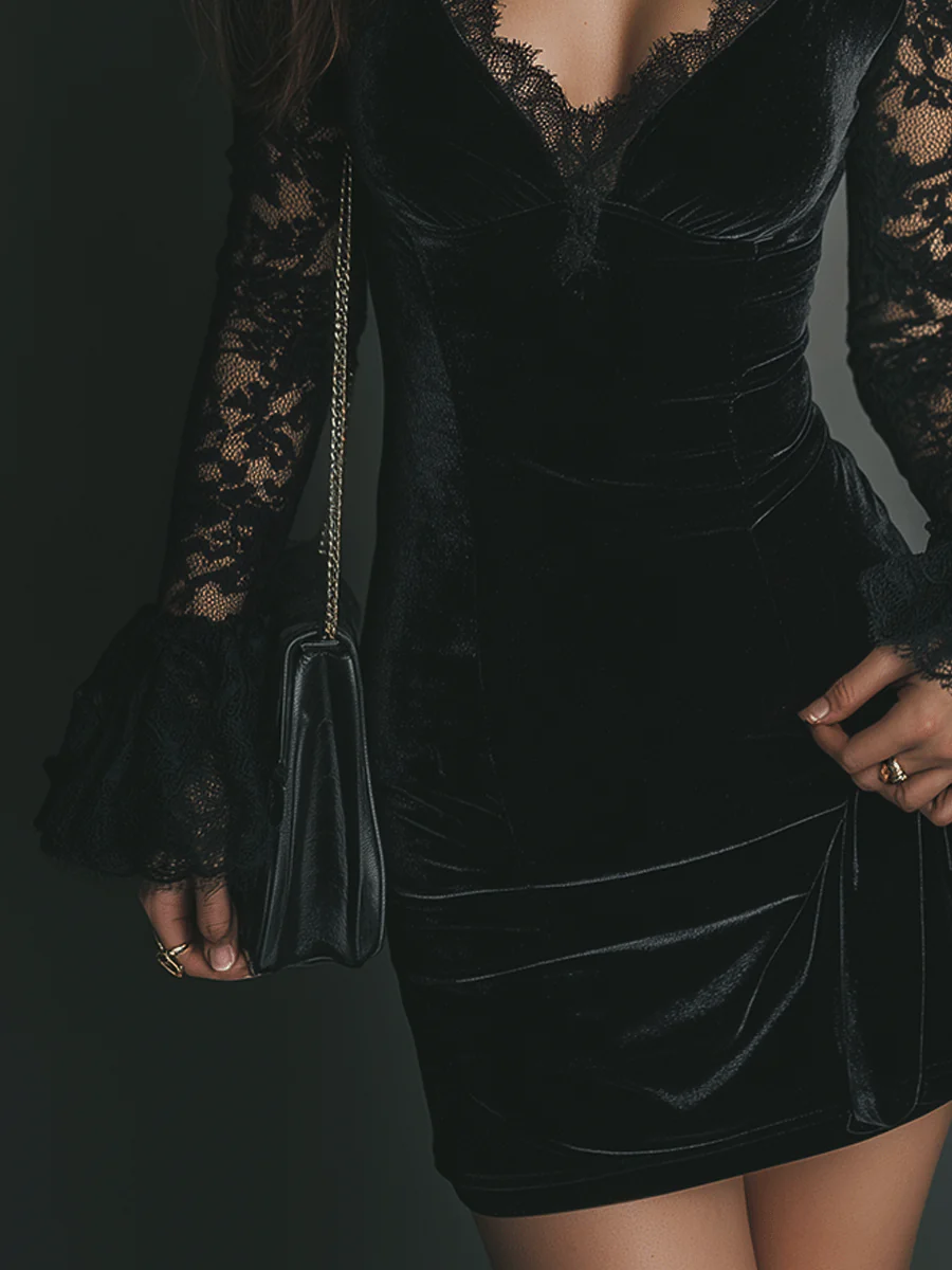 Vestido Mini de Veludo Preto com Mangas Flare