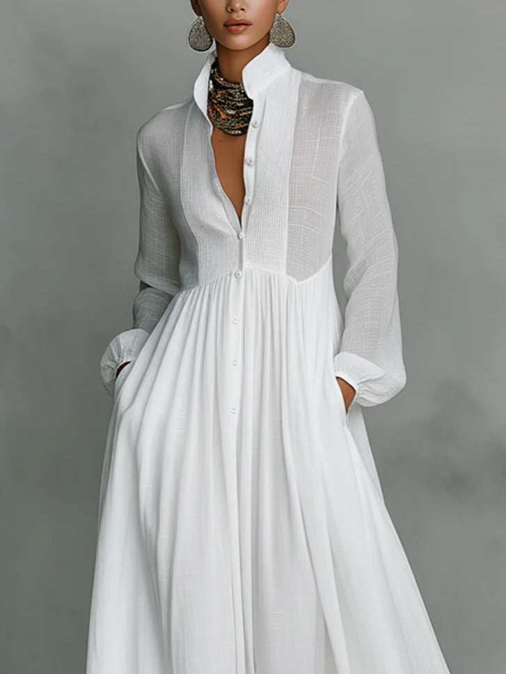 Vestido Minimalista de Patchwork com Colarinho Elevado e Manga Longa