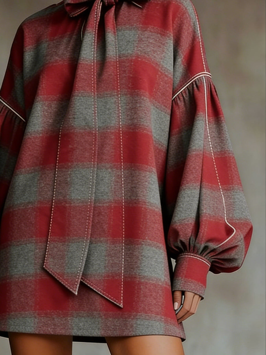 Vestido Mini de Manga Lanterninha com Estampa Xadrez Vermelho e Cinza