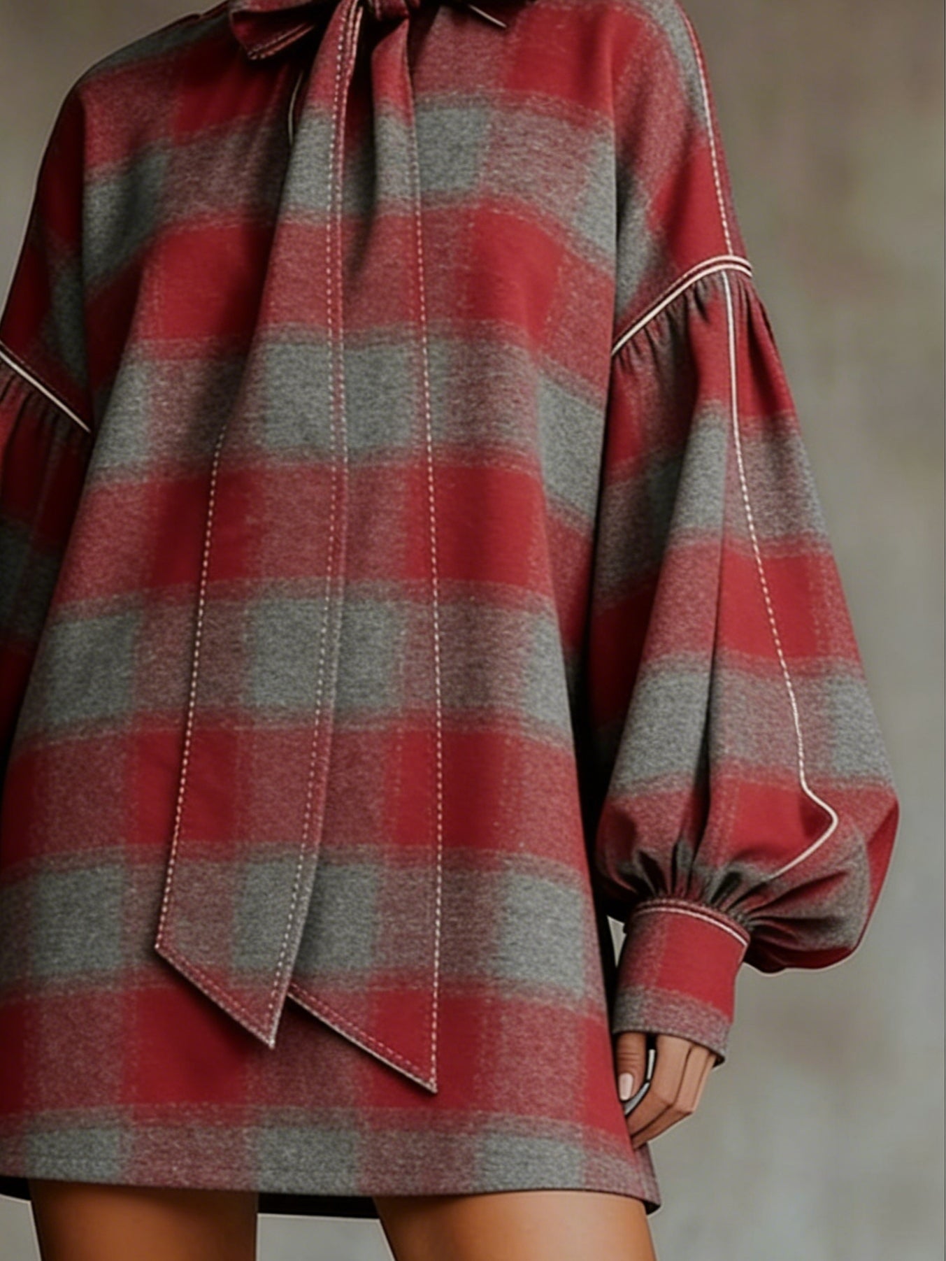 Vestido Mini de Manga Lanterninha com Estampa Xadrez Vermelho e Cinza