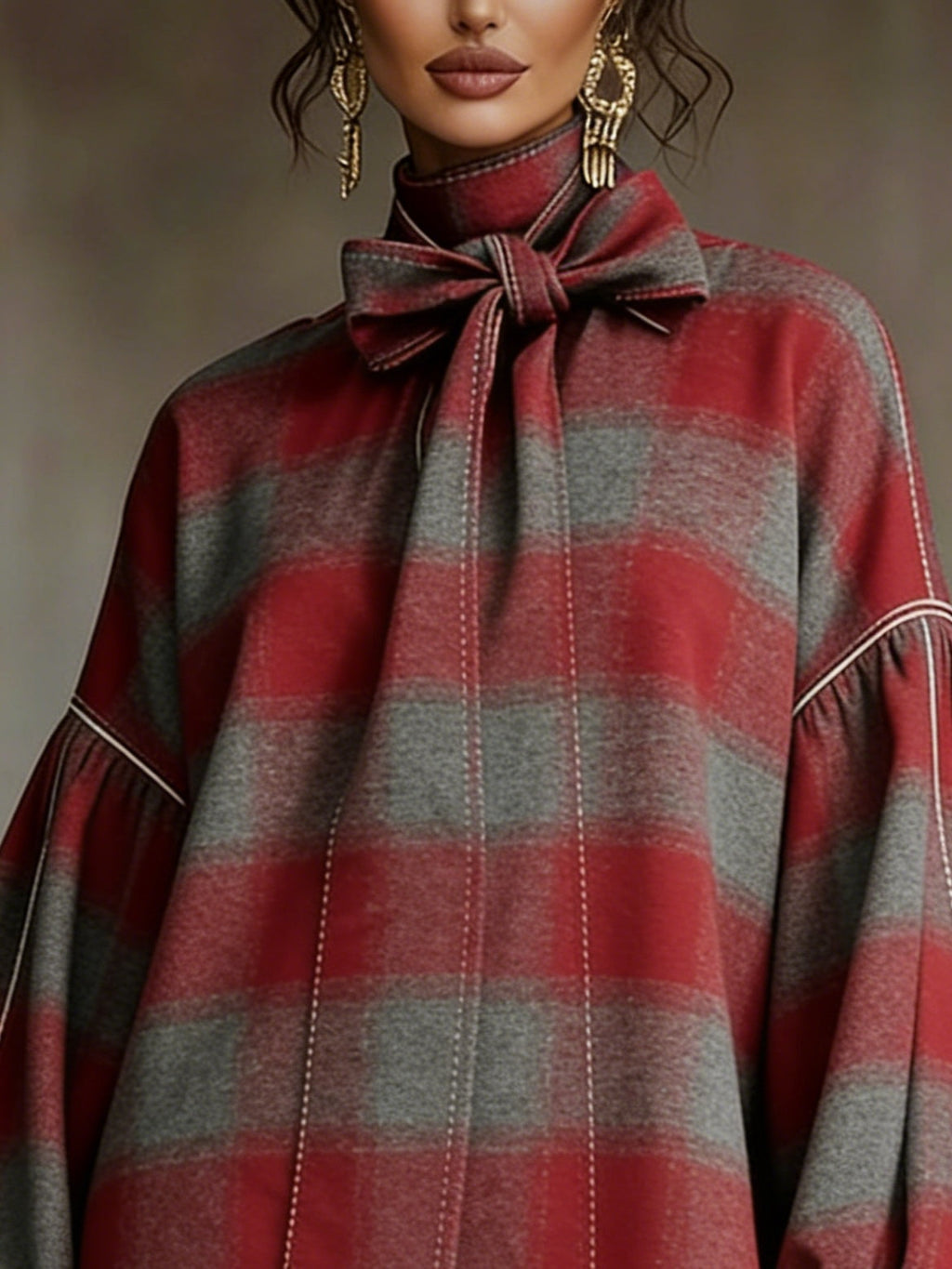 Vestido Mini de Manga Lanterninha com Estampa Xadrez Vermelho e Cinza