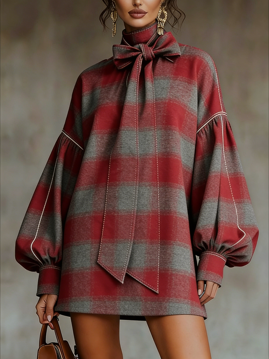 Vestido Mini de Manga Lanterninha com Estampa Xadrez Vermelho e Cinza