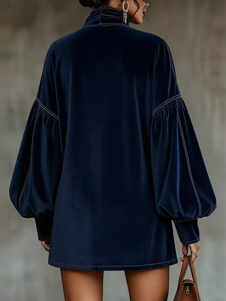 Vestido Mini de Veludo Azul Escuro com Mangas Lanternas