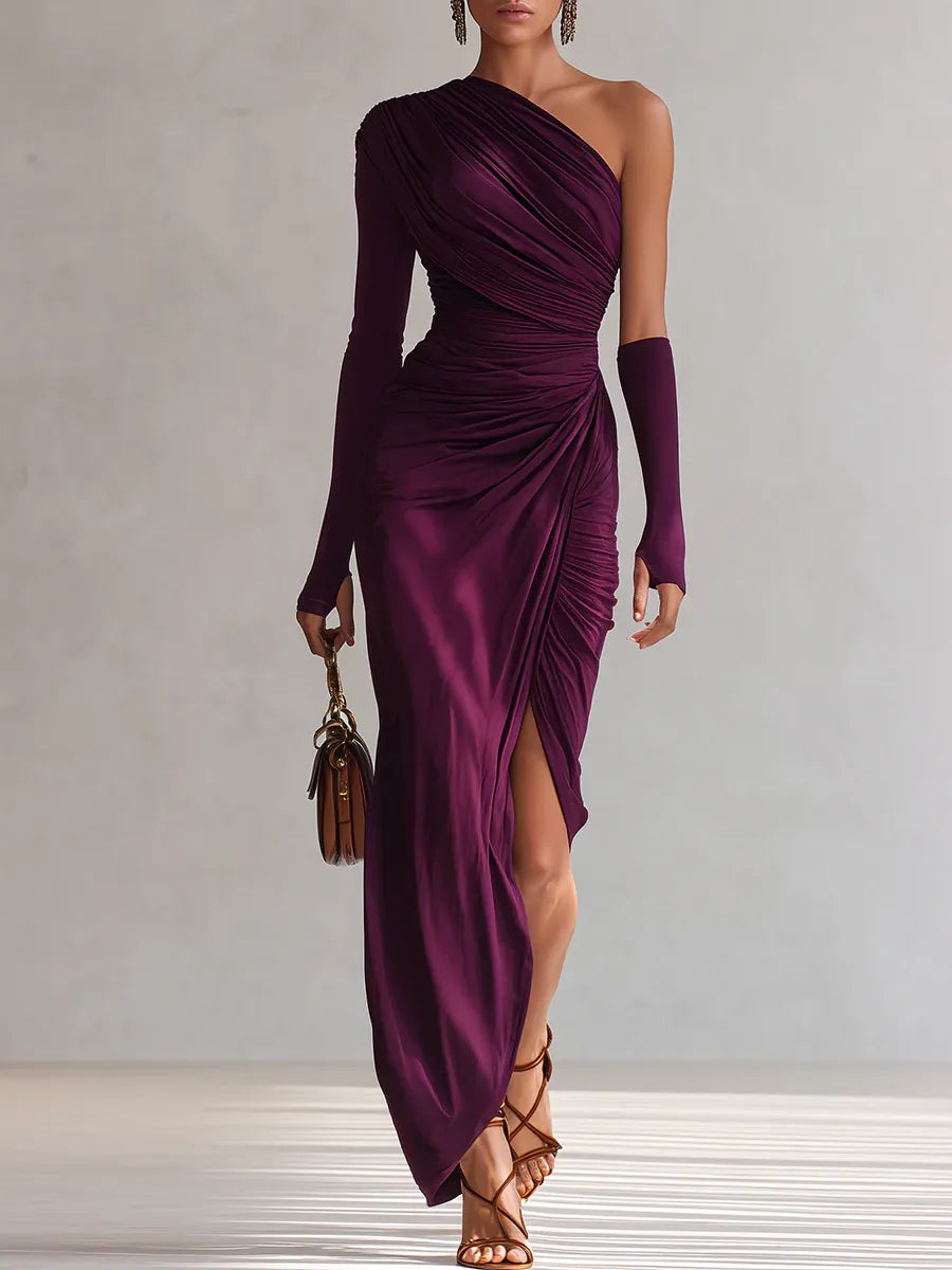 Elegante vestido maxi roxo sexy de um ombro