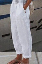 Calças Casuais de Linho e Algodão em Cores Sólidas