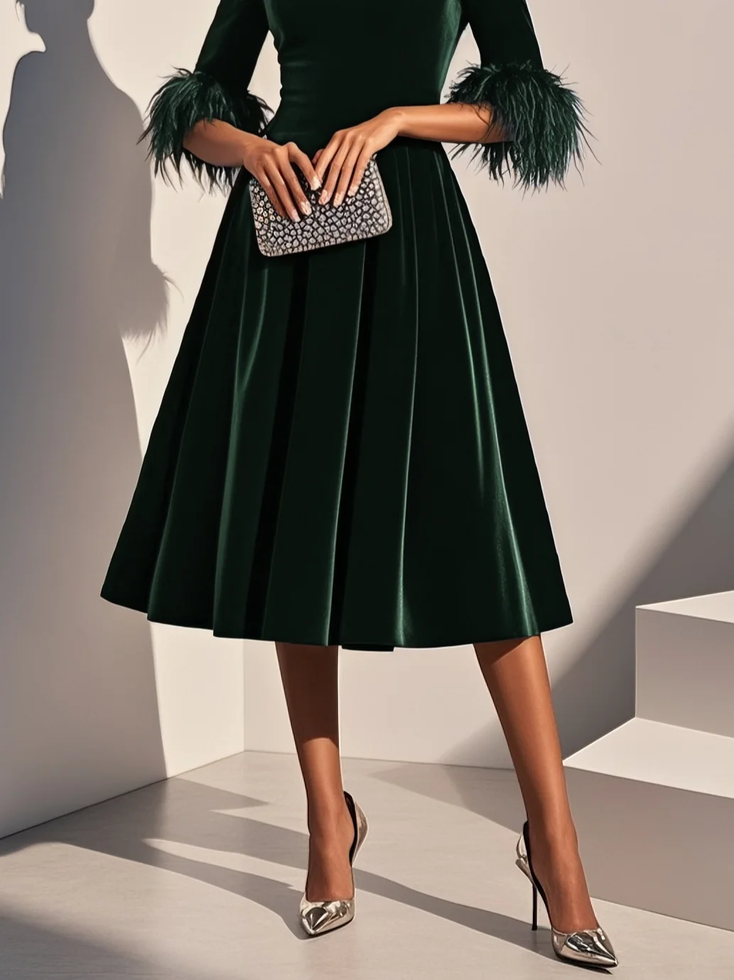 Vestido Midi A-line de Veludo com Decote Redondo e Mangas Curtas com Apliques de Penas em Azul Escuro