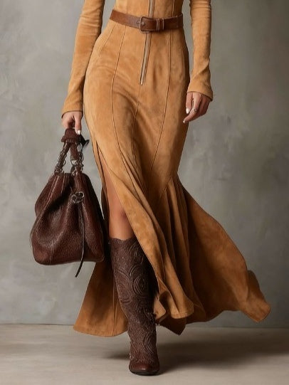 Vestido Maxi Vintage Camel com Zíper e Cinto (Inclui cinto)