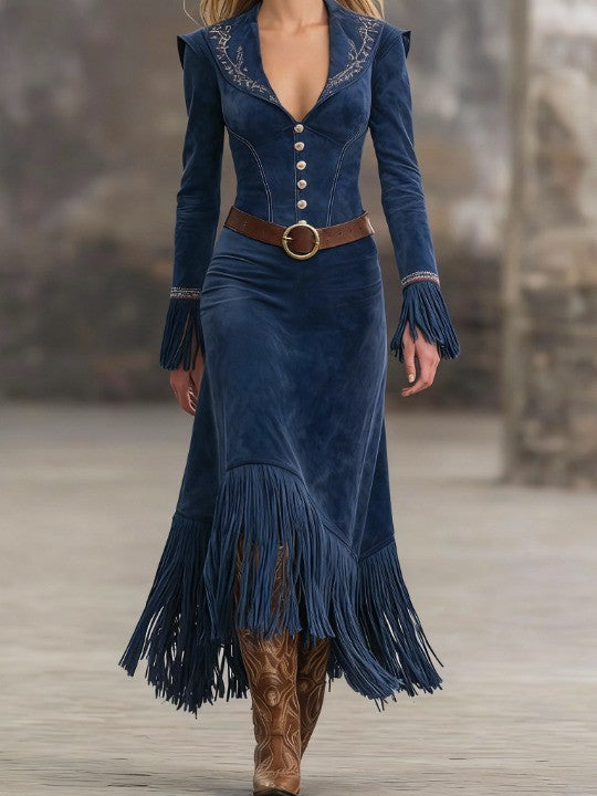 Vestido Maxi em Camurça Sintética Azul Escuro Bordado com Franja (Inclui cinto)