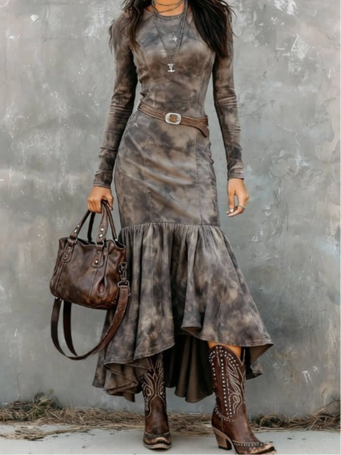 Vestido Midi de Poliéster Vintage com Cinto