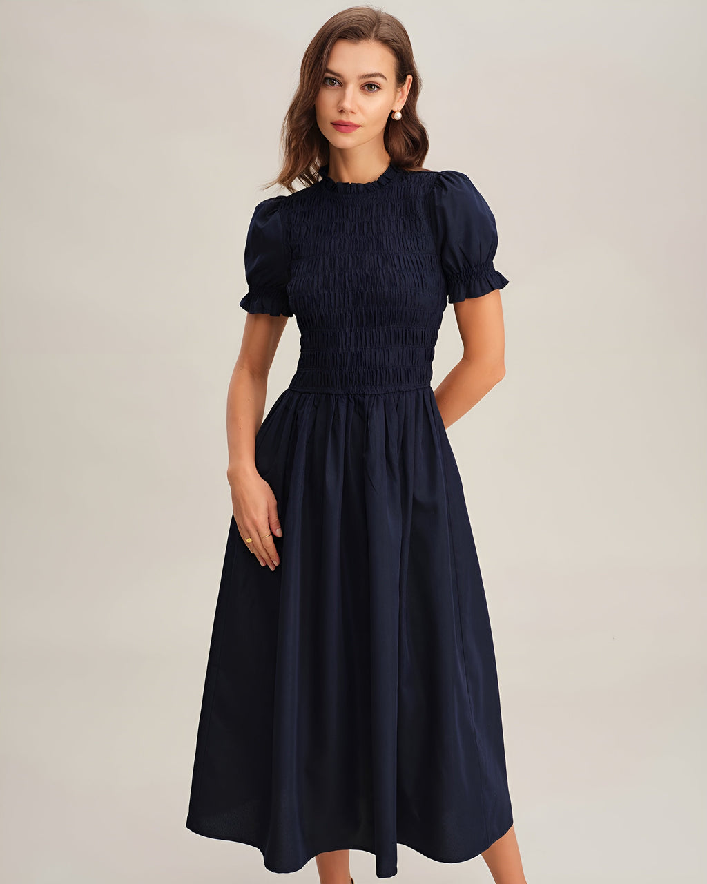 LÉONIE™ | VESTIDO MIDI AZUL ESCURO EM A