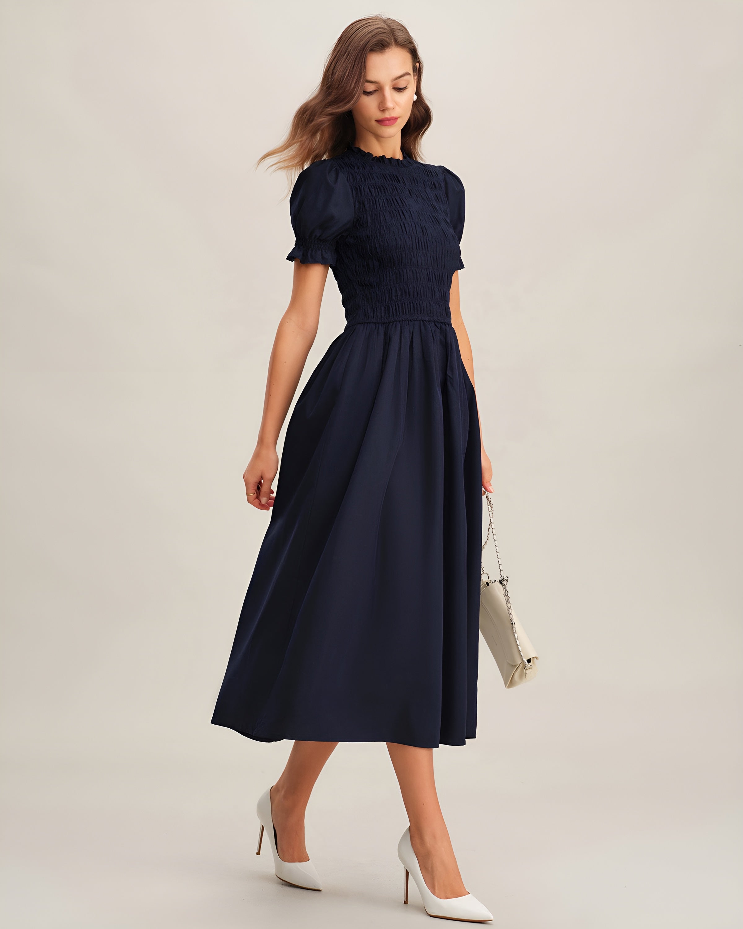 LÉONIE™ | VESTIDO MIDI AZUL ESCURO EM A