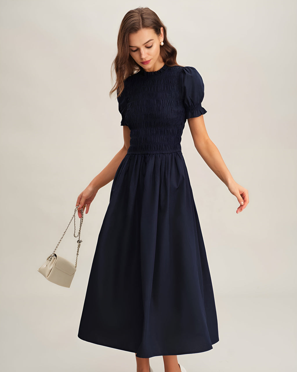 LÉONIE™ | VESTIDO MIDI AZUL ESCURO EM A