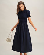 LÉONIE™ | VESTIDO MIDI AZUL ESCURO EM A