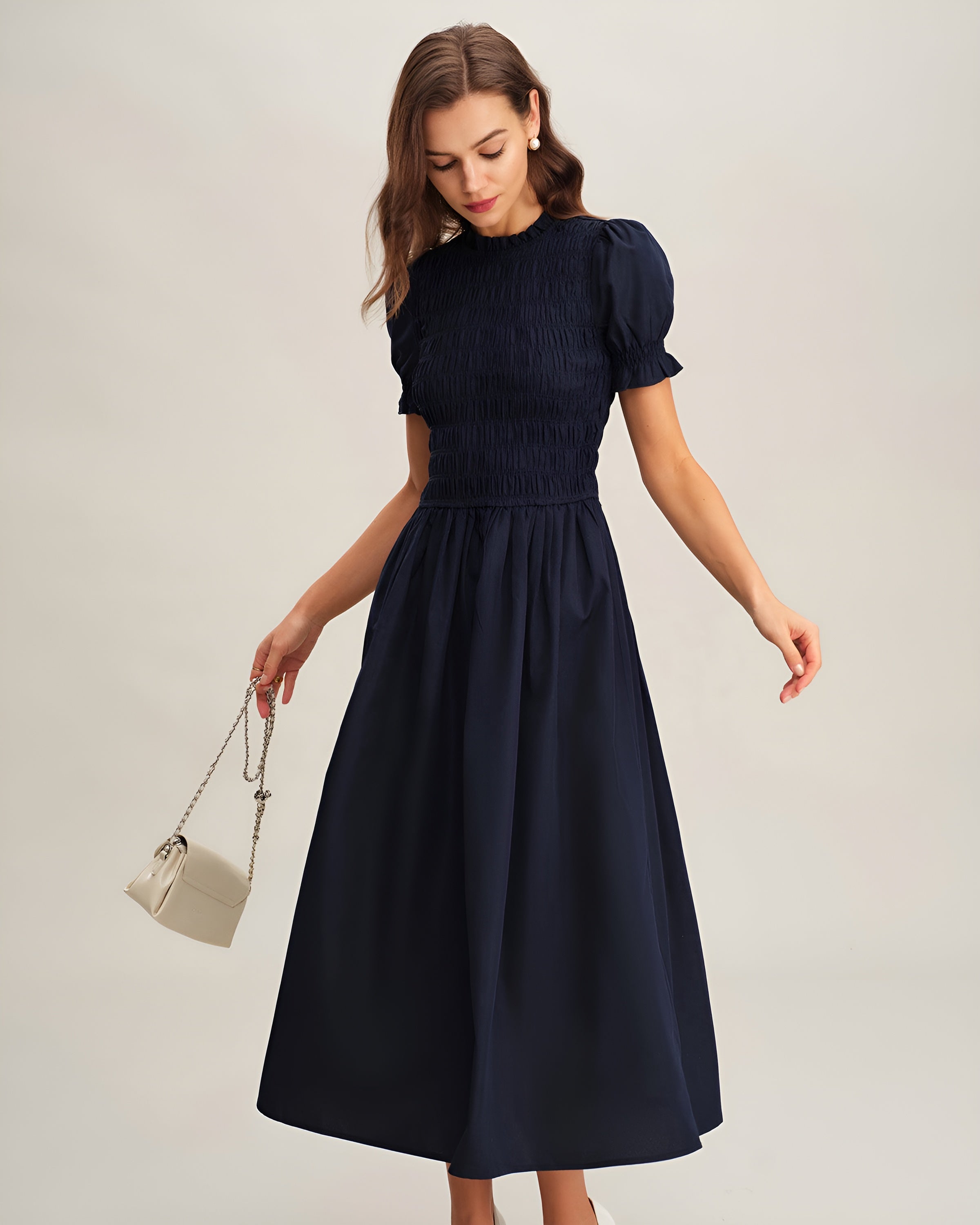 LÉONIE™ | VESTIDO MIDI AZUL ESCURO EM A