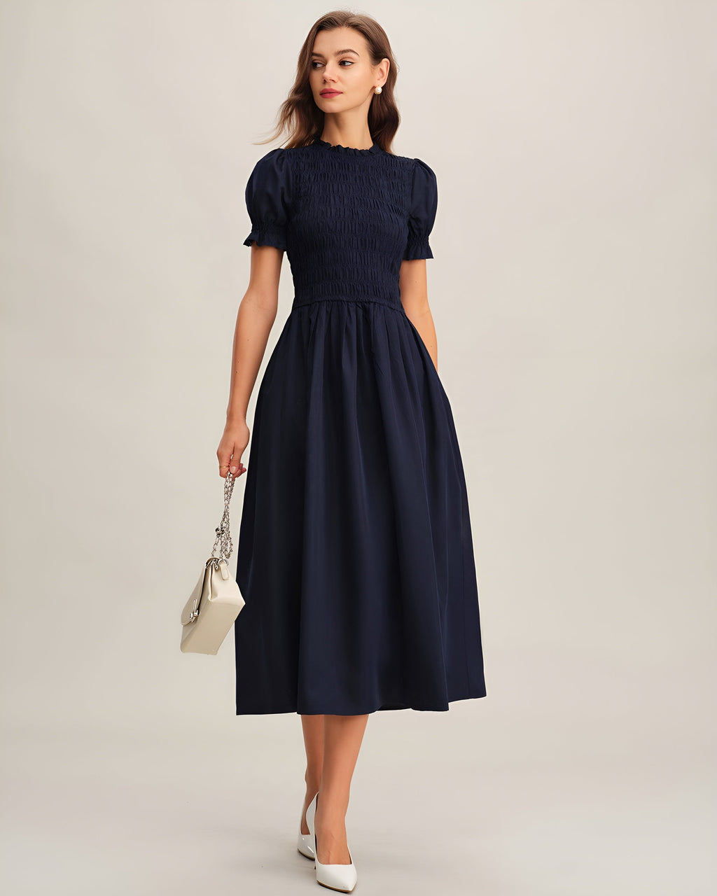 LÉONIE™ | VESTIDO MIDI AZUL ESCURO EM A